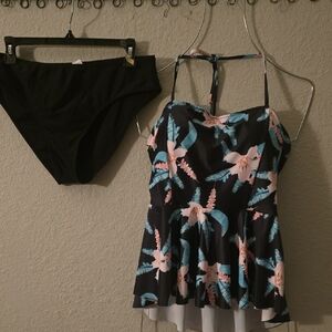 Black Floral Tankini Top with Black Bikini Bottoms